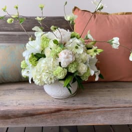 White floral arrangement in a white vase with pink and blue pillows behind it