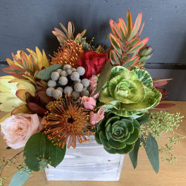 Mixed floral arrangement in a white wooden box with roses and succulents