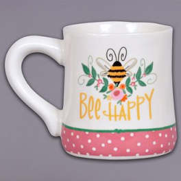 White mug with a bee and "Bee Happy" text