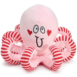 Pink plush octopus toy with red-and-white striped tentacles
