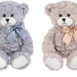Two plush teddy bears with ribbon bows, one gray and one beige