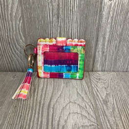 Colorful patterned card holder with a tassel keychain