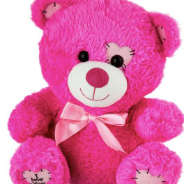 Bright pink teddy bear with a satin bow and heart patches