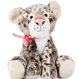 Plush leopard teddy bear with a pink ribbon