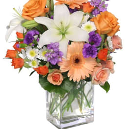 Mixed bouquet of lilies, gerbera daisies, roses, and daisies in peach, orange, white, and purple in a clear glass vase.