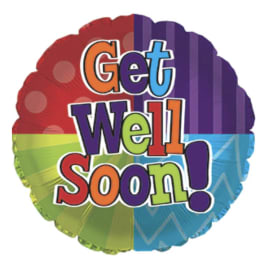 Round multicolor balloon with "Get Well Soon!" text