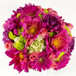 Bouquet of magenta and pink flowers with lime accents