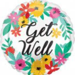 Round get well balloon with colorful flowers on a white background