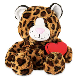 Leopard-print teddy bear holding a red heart