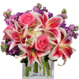 Compact arrangement of pink lilies, pink roses, and purple flowers in a clear glass cube vase