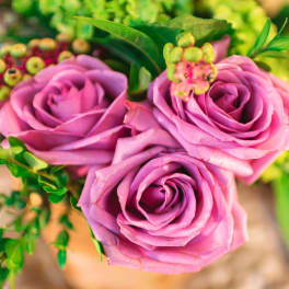 Three pink roses with green filler and foliage