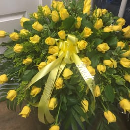 Large bouquet of yellow roses with a yellow ribbon