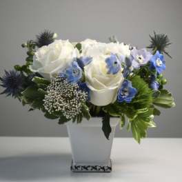White roses and blue flowers arranged in a white vase