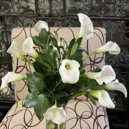White calla lilies arranged in a clear glass vase with glossy green foliage.