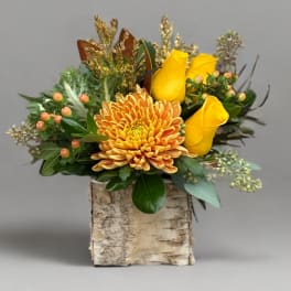 Yellow roses and an orange chrysanthemum in a birch container