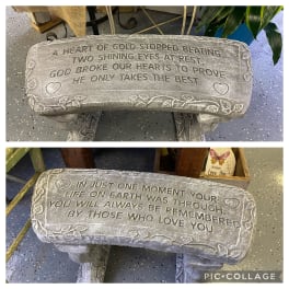 Two stone memorial benches with engraved sympathy messages.