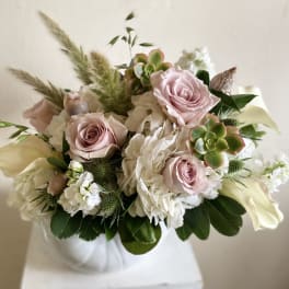 Bouquet of pale pink roses, white flowers, and succulents