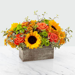 Sunflower and rose arrangement in a rectangular textured box