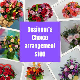 Collage of colorful floral arrangements with a purple price sign
