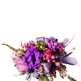 Purple and pink bouquet with a lavender ribbon and jeweled accents