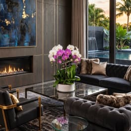Potted white and purple orchids on a coffee table in a modern living room