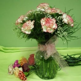 Pink and white carnations in a glass vase with a sheer ribbon