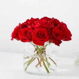 Red roses arranged in a clear glass vase