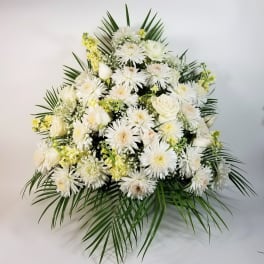 White floral spray with daisies and roses accented by palm fronds