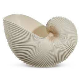 Cream-colored sculptural ceramic vase with a spiral ribbed design
