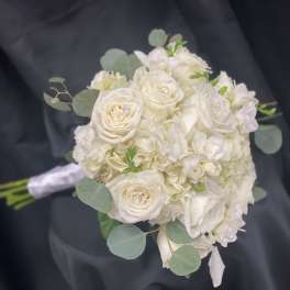 White rose and hydrangea bouquet with eucalyptus