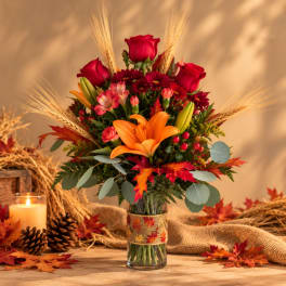 Autumn bouquet of red roses, orange lily, and mixed flowers in a glass vase