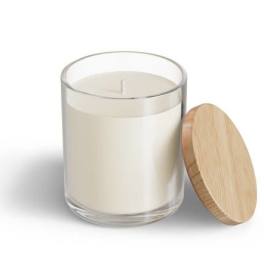 White candle in a clear glass jar with a wooden lid