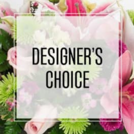 Mixed pink and white flowers with a "Designer’s Choice" overlay