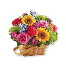 Basket of mixed flowers with sunflowers and pink roses