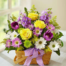 Basket of yellow roses, purple flowers, and white daisies with a plaid ribbon