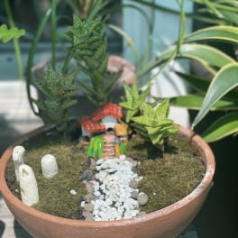 Miniature potted garden with a tiny house and pebble path
