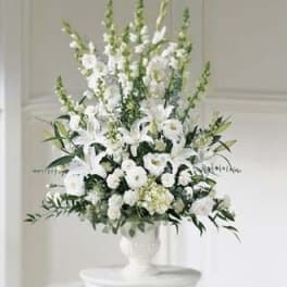 White floral arrangement in a white urn vase