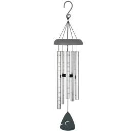 Silver wind chime with hanging metal tubes and a dark clapper