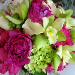 Bouquet of magenta roses, white calla lilies, and green hydrangeas