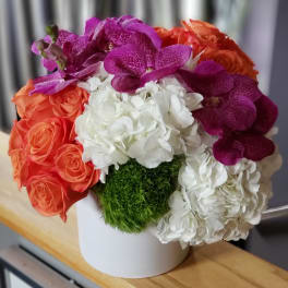 Bouquet of orange roses, white hydrangeas, and purple orchids in a white vase