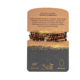 Beaded bracelet on a display card with text