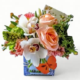 Short peach and white flower arrangement with roses and orchids in a blue glass cube vase with an orange butterfly.