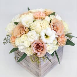 #94 - Large Wood box arrangement peach and white colors