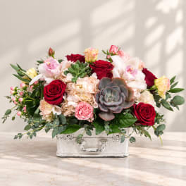 Mixed bouquet of roses, orchids, carnations, and succulents in a white container