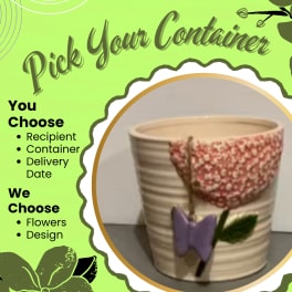 Decorative ceramic container with floral accents and text overlay