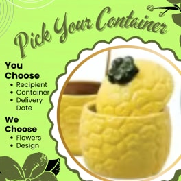 Yellow floral arrangement in a container with a dark accent on top