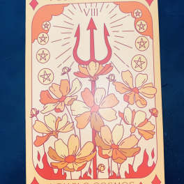Illustrated tarot-style card with flowers and a trident