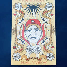 Illustrated book cover with a stylized face and floral motifs