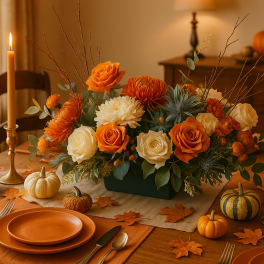 Orange and white floral centerpiece with pumpkins on a dining table
