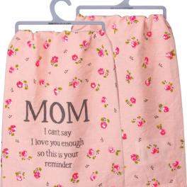 Two pink floral fabric hangers with a MOM message
